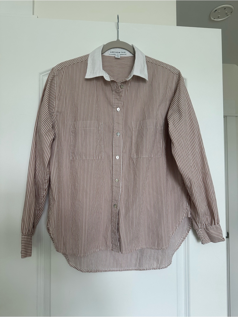 100% Cotton Dusty Pink & White Stripe Button-Up Shirt with White Collar